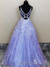 Lavender Spaghetti Straps Lace Floral A-line Semi Formal Prom Gowns Long Semi Formal Prom Dresses